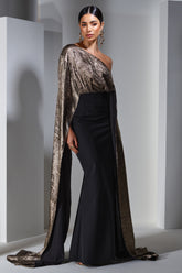 Black & Gold Metallic One Shoulder Cape Maxi Dress